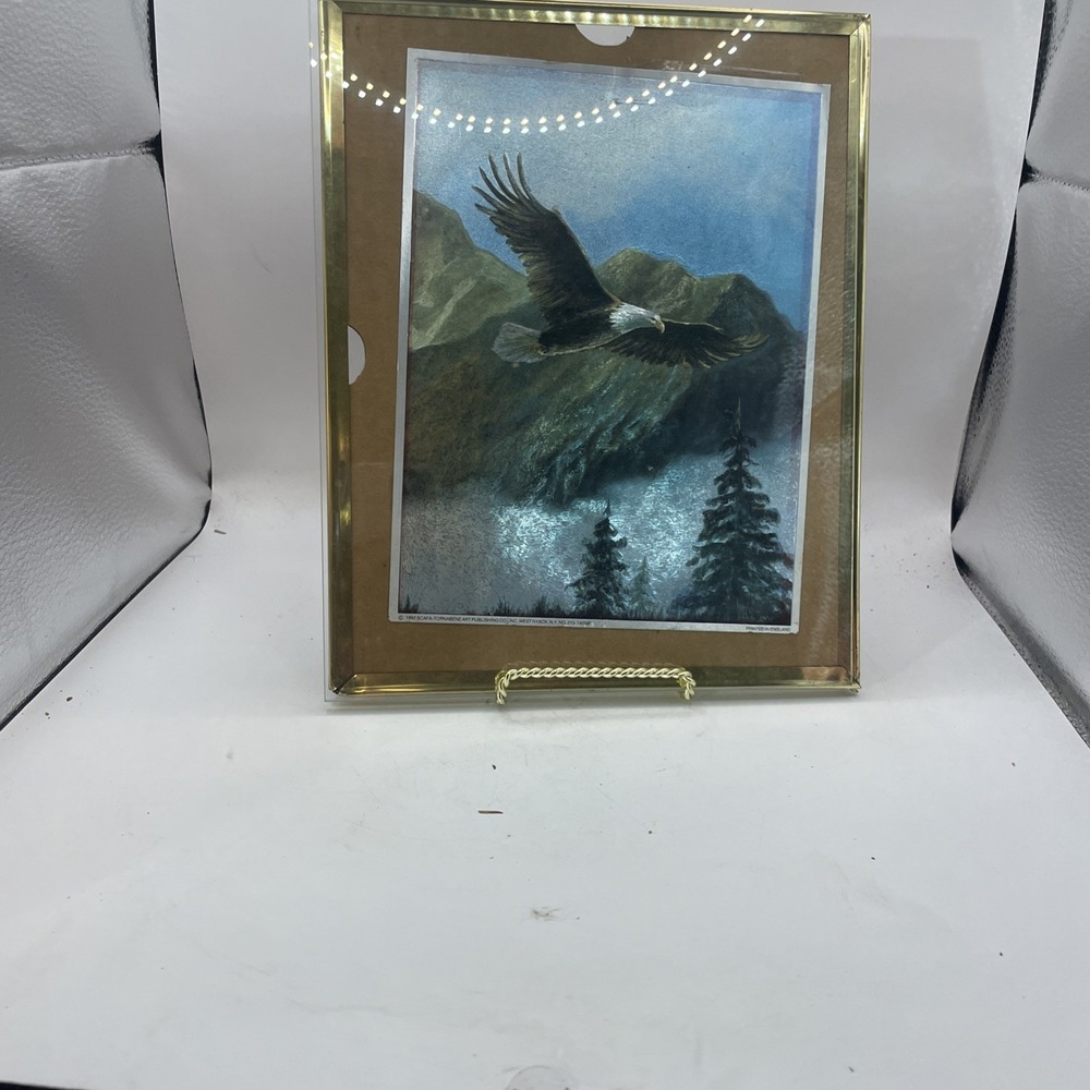 VTG FOIL ETCHED BALD EAGLE WALL ART 10" X 8" Matted & In 11x13 Wooden Frame